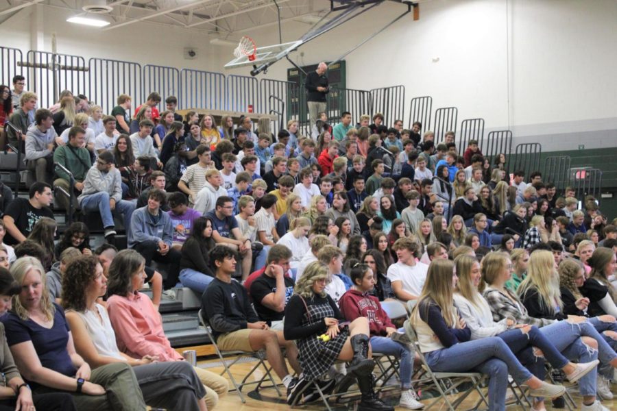 BCCHS students listening to Chris is the Classroom during the assembly