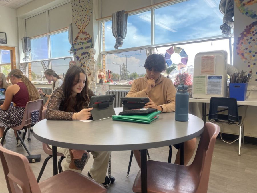 9th Graders Joanne Ragsdale (left) and Ronan Oneil (right) MAPS Test in order to determine the success of a new Honors Biology Curriculum.