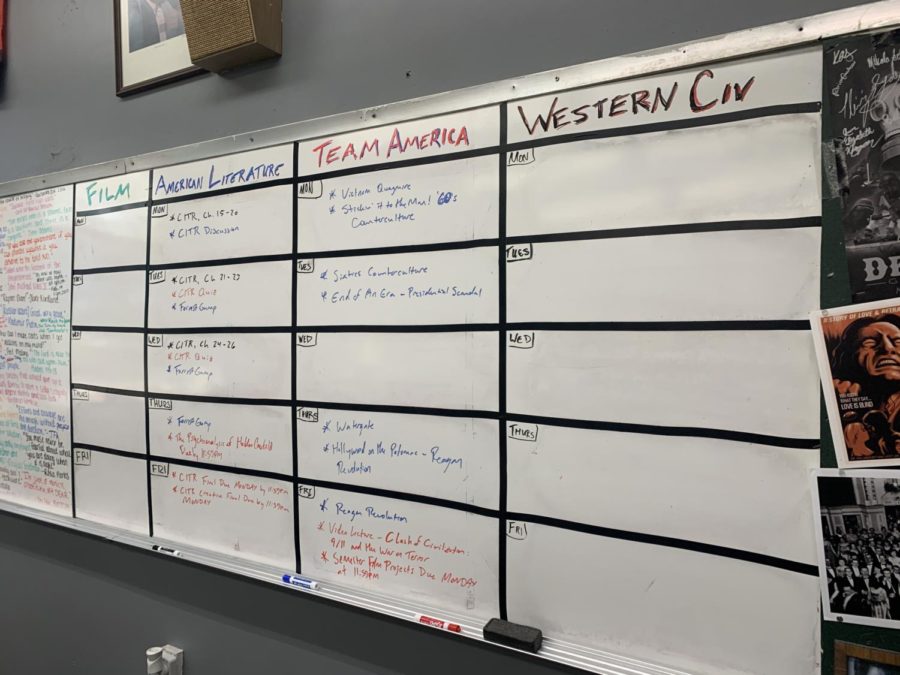 An assignment board in Shane Fairbanks' classroom.