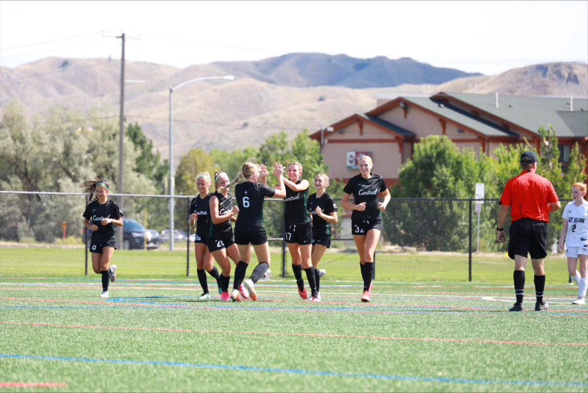 The Billings Central girls celebrated after they scored a goal during the game against East Helena on September 2nd. The girls ended the game with a 10-0 win. 