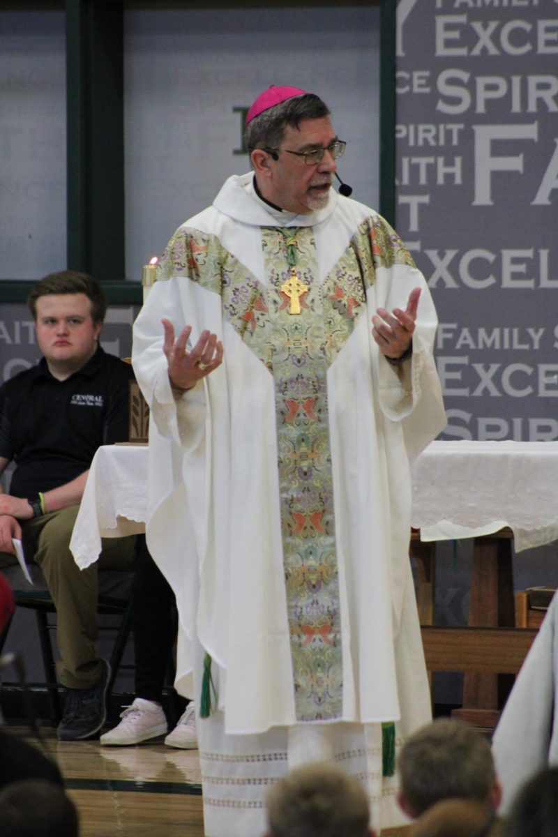 Bishop Jeffery Fleming preaches to the students of Billings Catholic Schools during all-system Mass. 