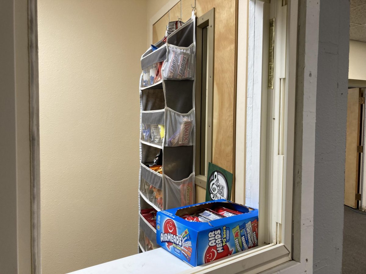 A shelf of snacks in the snack room 2.29.24