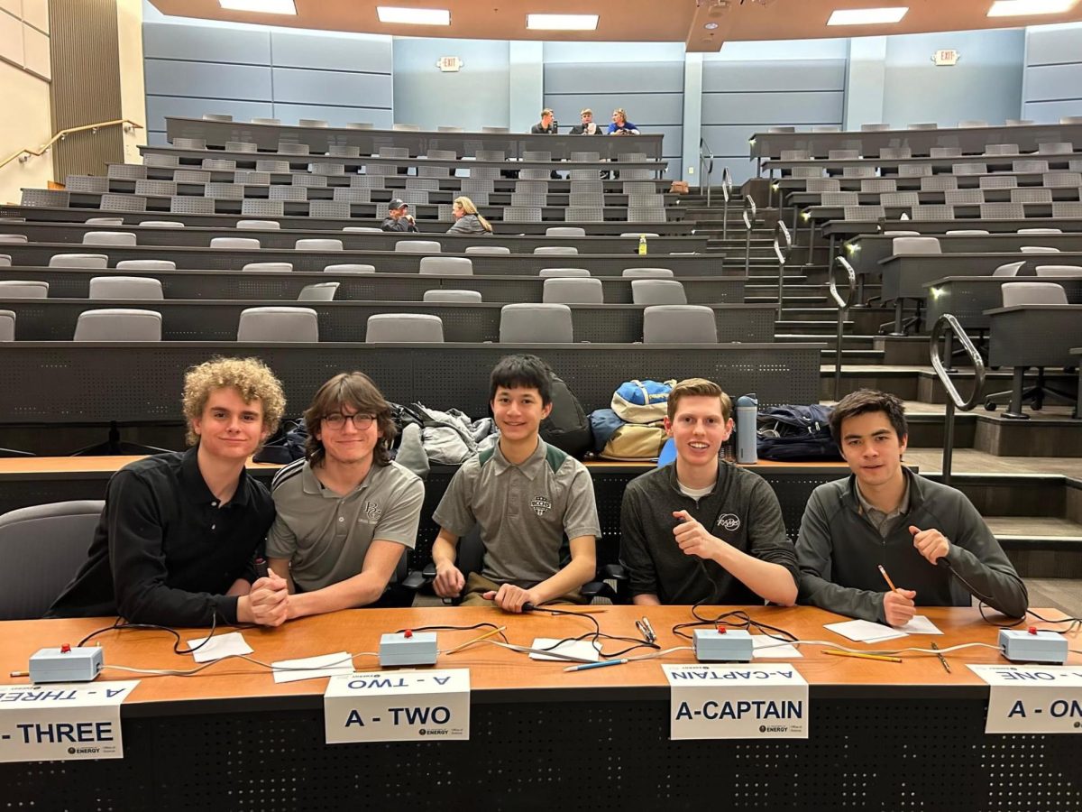 3.8.24 The five members of the BCCHS Science Team pose before the final round of the Big Sky Regional Science Bowl. 