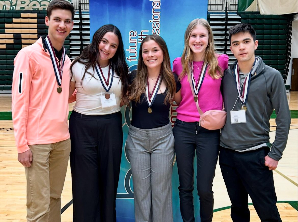 4/4/2024 HOSA SLC winners. From L to R: Junior, Evan Miller, Sophomore, Ella Fairbanks, Junior, Ava Yates, and Seniors, Briana Brandon and Matthew Rah. 