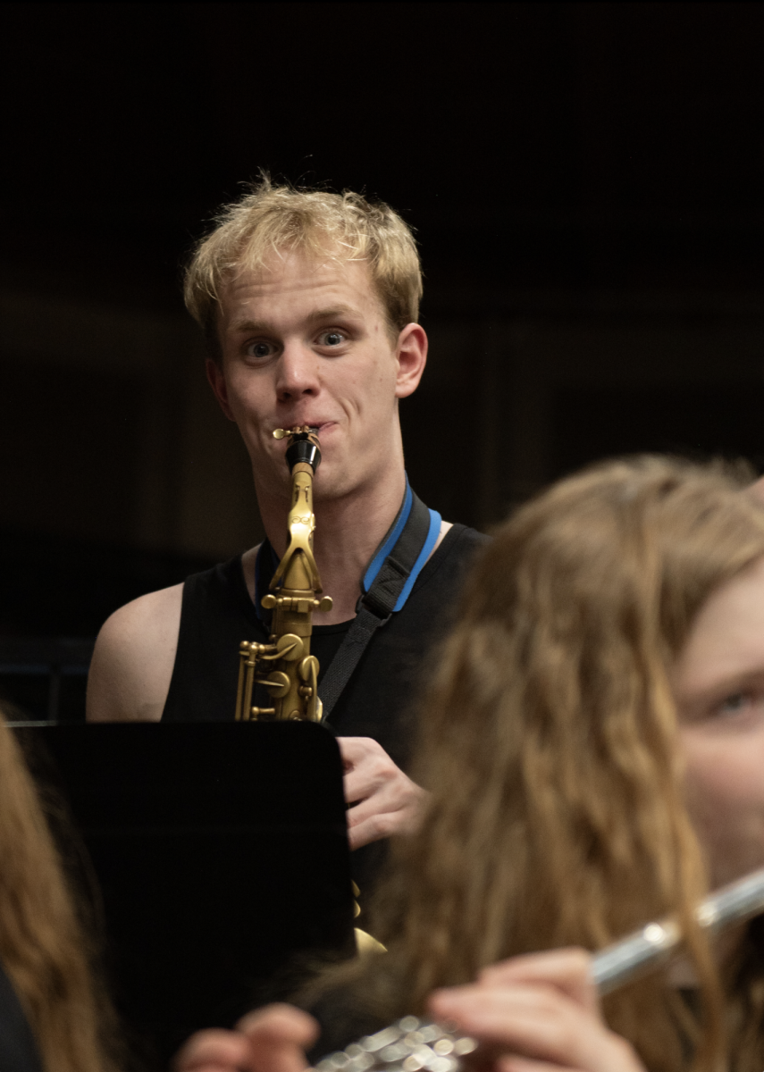 3.9.24 Senior Aidan Molloy playing the alto saxophone at the girls state championship basketball game in Butte.