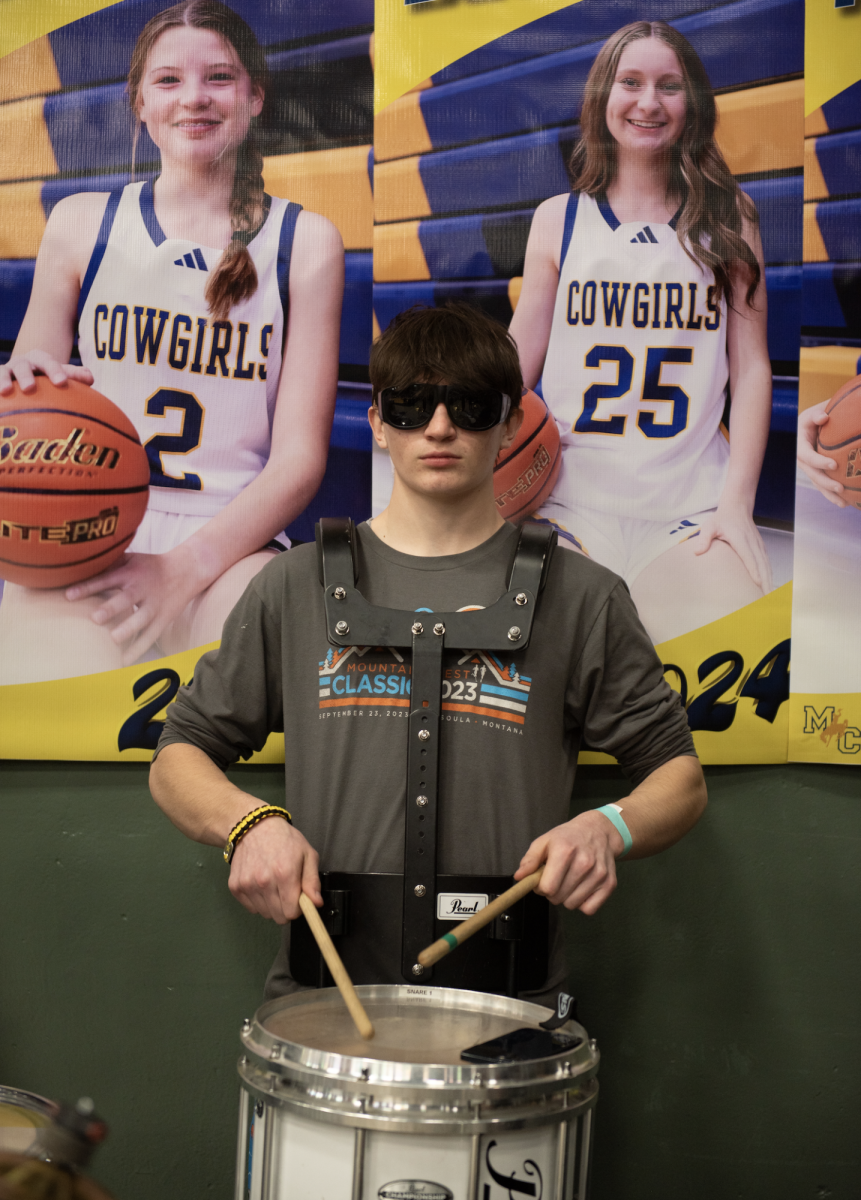 3.7.24 Senior Trystyn Hope playing the marching snare at the girls basketball game against Frenchtown in Butte.