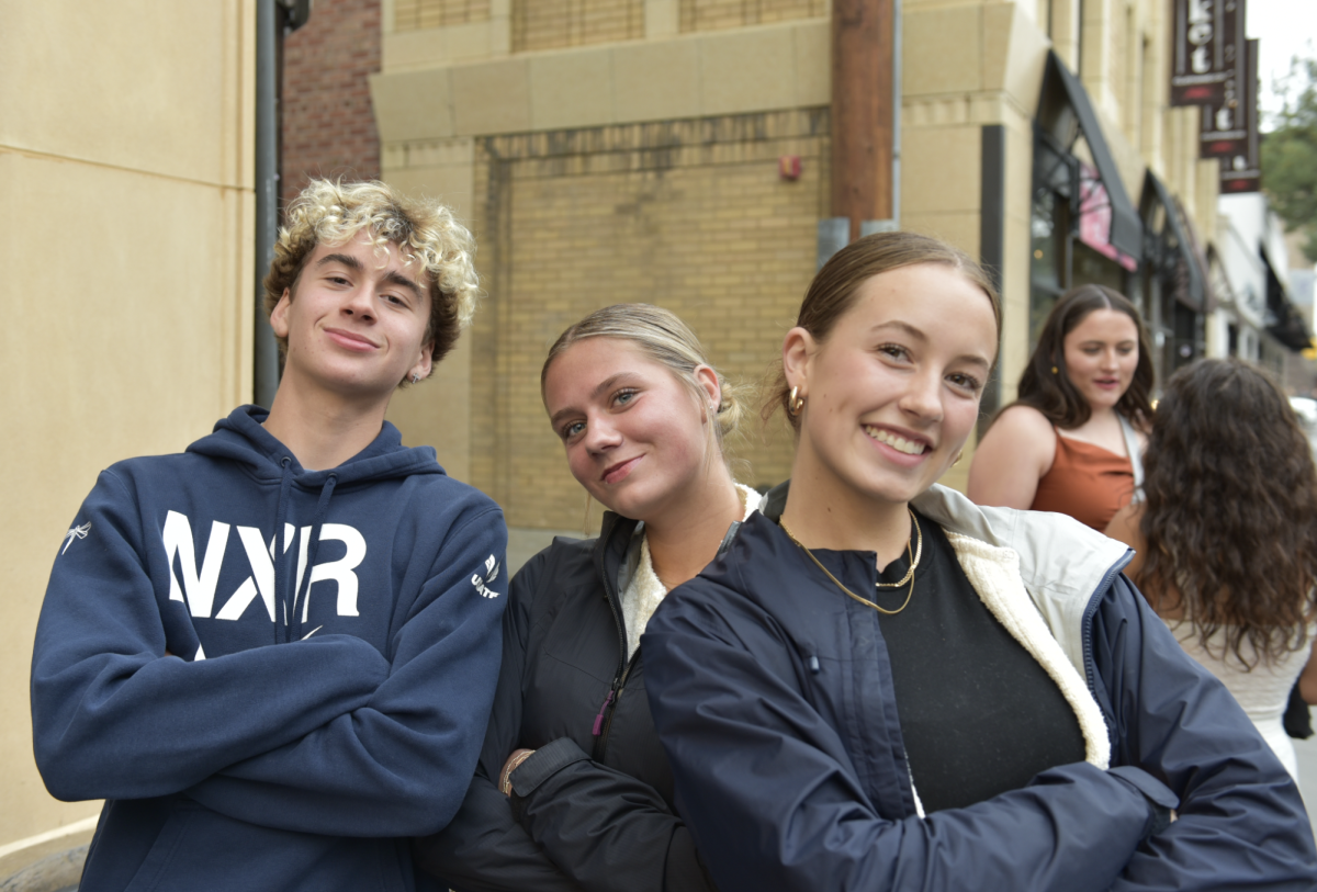 5.8.24 Sophomores (From L to R) Greyson Piseno, Lucy Baker, and Teaghan Vaira standing outside the Babcock Theatre before the film premiere. 