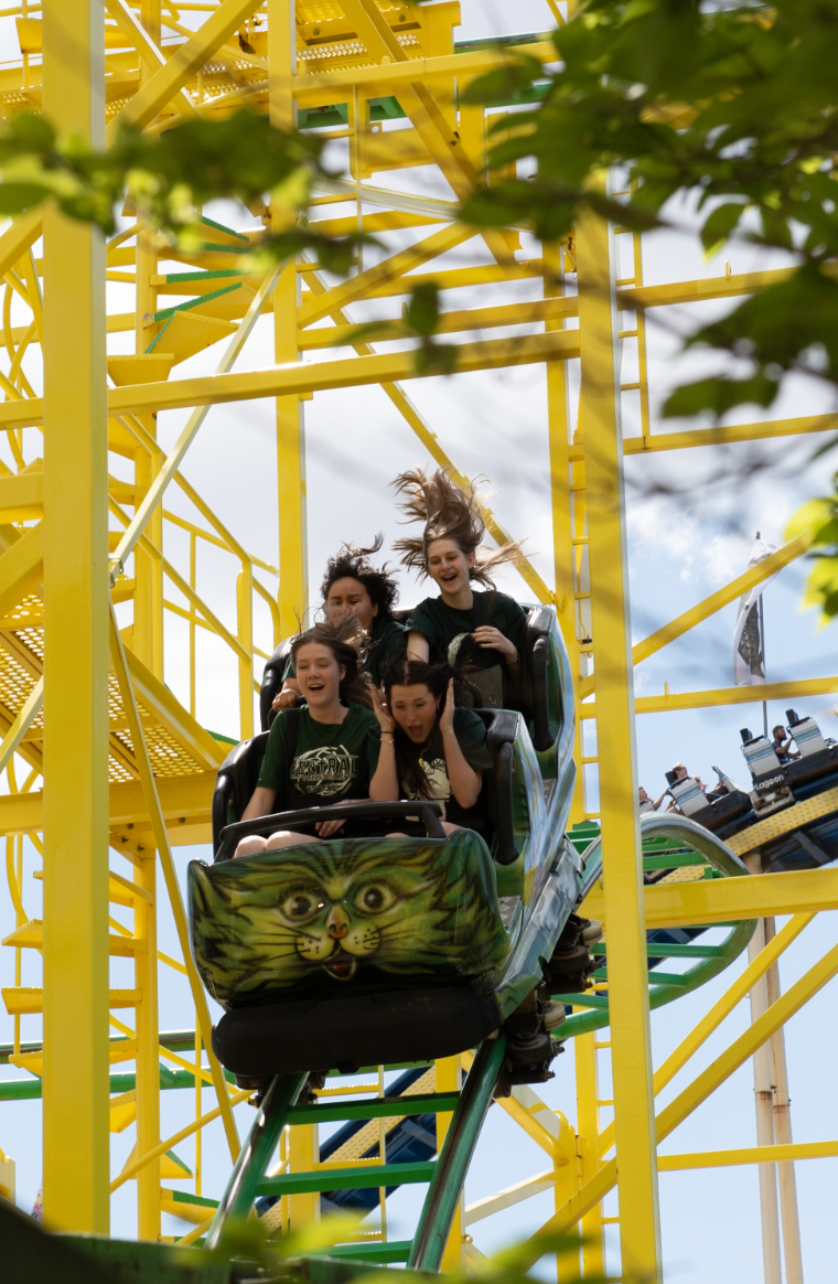 05.11.24 (From back to front) Evelee Dominguez, Jimi Jensen, Ellie Sherbo, and Jamison Braukmann riding a roller coaster in The Lagoon amusement park in Salt Lake City.