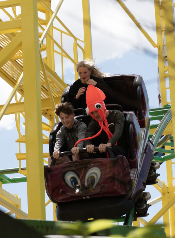 05.11.24 Freshmen Aivah Macdonald, Sawyer Guenthner, and Landon Paumer riding a roller coaster in The Lagoon amusement park in Salt Lake City. 