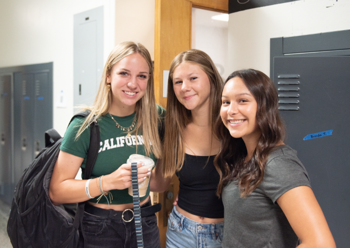 8.22.24 From L to R: Seniors Billie Cate Schmitt, Brenda Twichel, and Zelaya Paumer standing in the senior hallway for their last first day. 