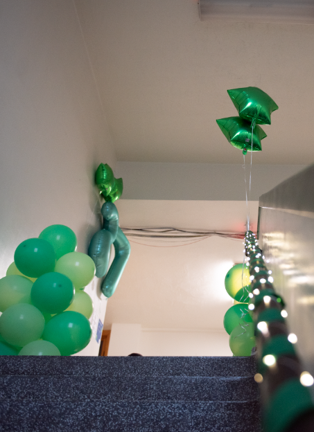 9.8.24 Stairway decorated with lights and balloons leading all the way up to Sophomore hallway.