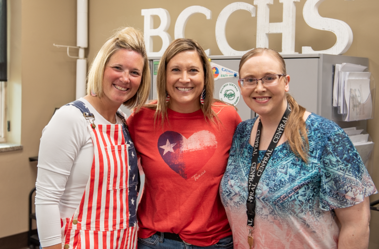 9.12.24 (From L to R) Central staff and teachers Mallory Harris, Krista Wahl, and Heidi Zilch dressed up for 'Merica Day. 