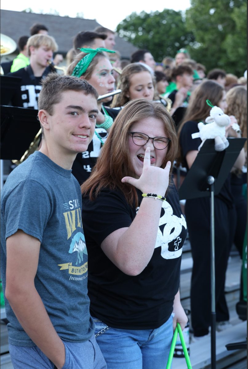 9.13.24 (From L to R) Freshman Jack Kary and Trinity Duncil playing in pep band for the Homecoming football game. 