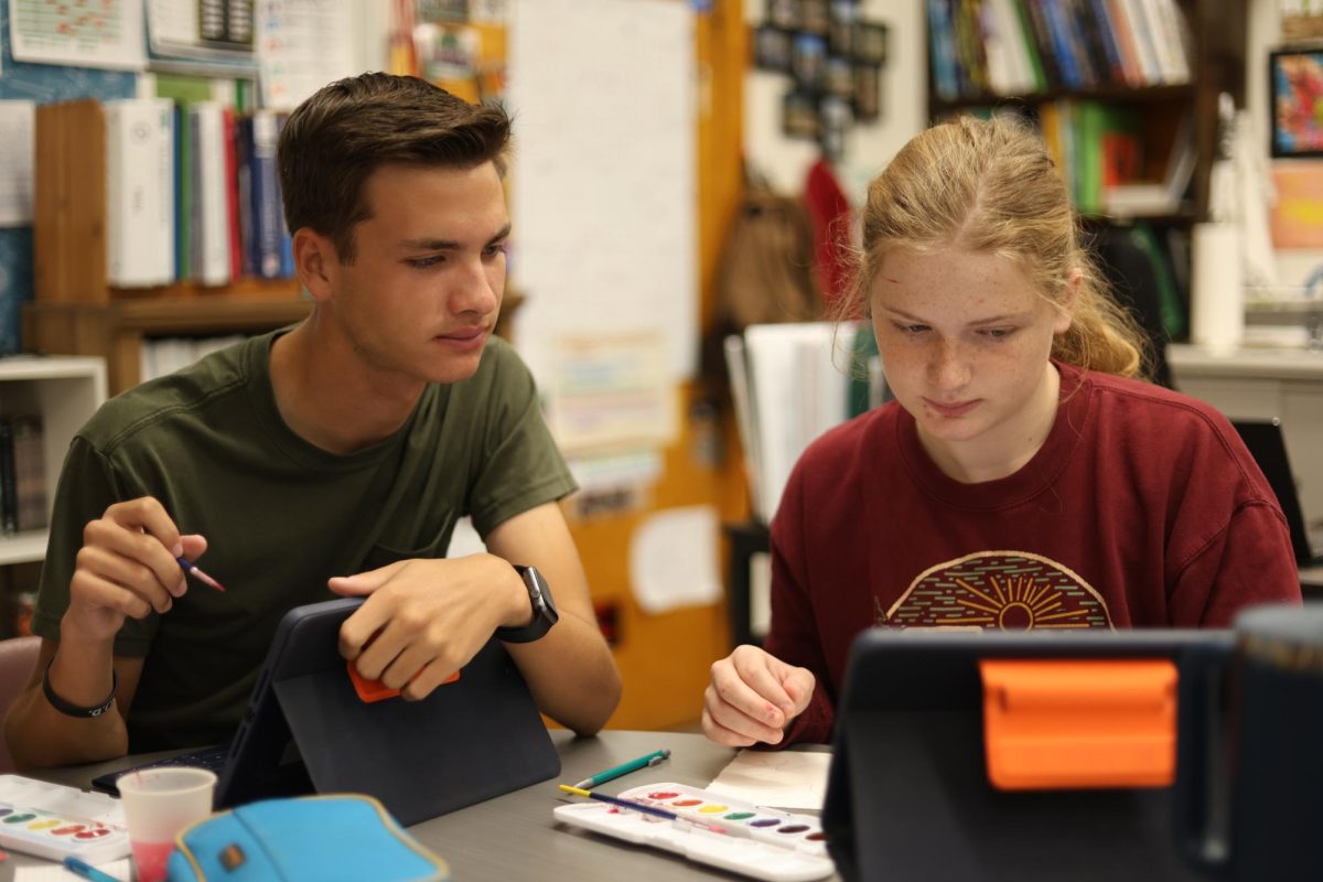 10.8.24 (For Social Media) From L-R
Seniors, Evan Miller and Annie Hanser creating a watercolor project for Anatomy and Physiology. 