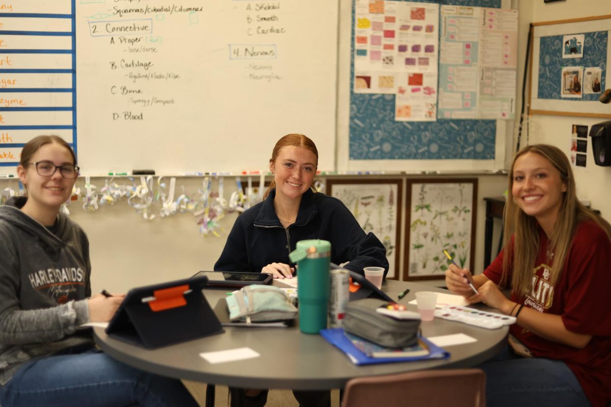 10.8.24 (For Social Media) From L-R
Juniors, Ashlyn Miller, Berkley Park, and Kaitlyn Foster, creating a watercolor project for Anatomy and Physiology. 