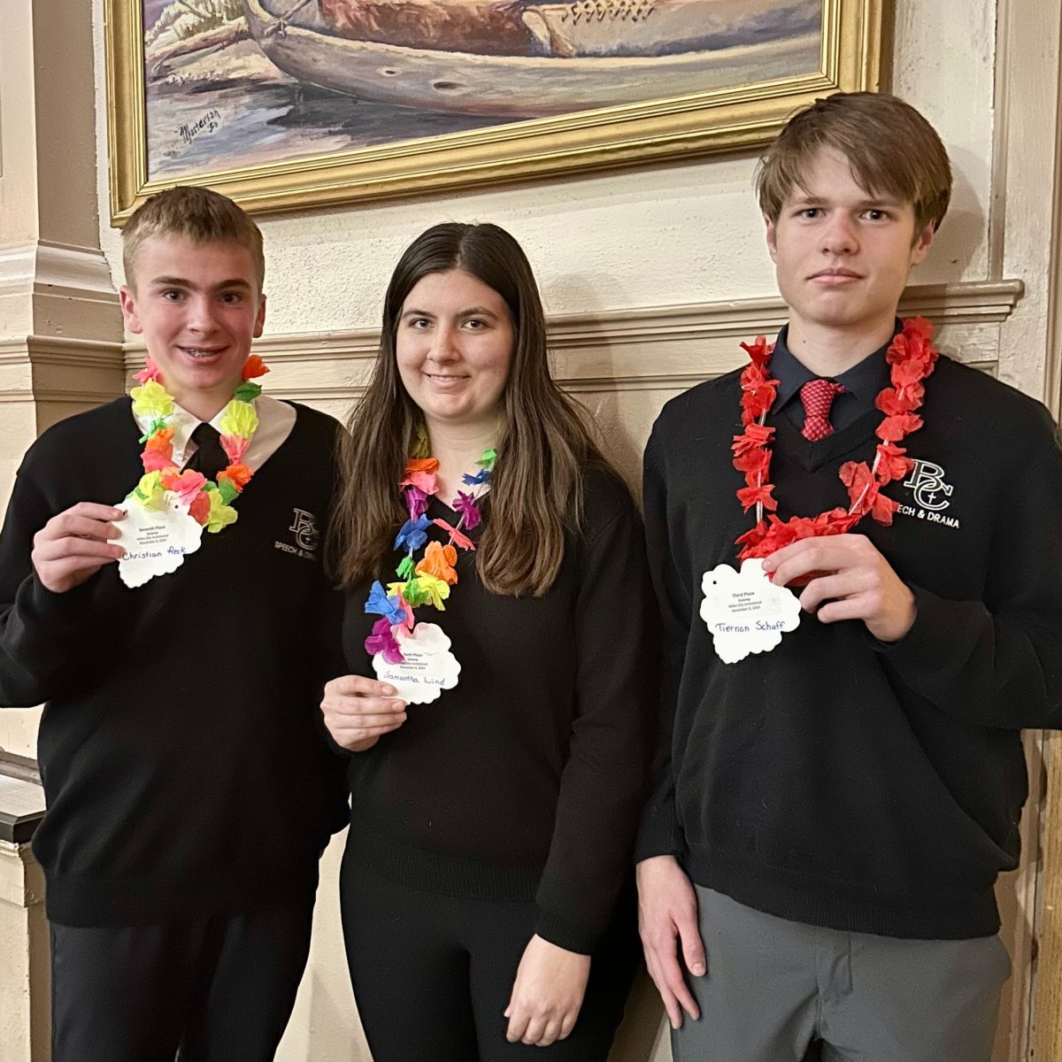 11.09. 24 Freshmen Christian Reck (left) – eighth place, Samantha Lund (middle) – seventh place, and junior Tiernan Schaff – third place are all in business with Extemporaneous Speaking at Custer County meet.