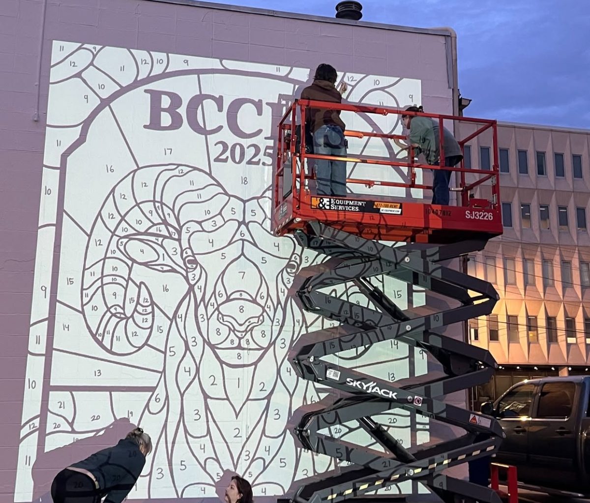 Central Students painting on the projected image of the Masterlube Mural. 
