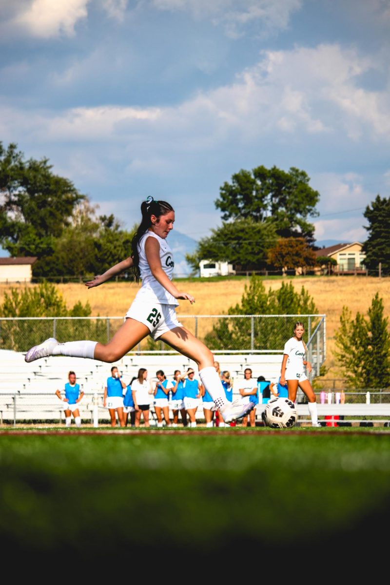 9.4.25 Sophmore Ashtyn Staples attempting a free kick in hopes to score.