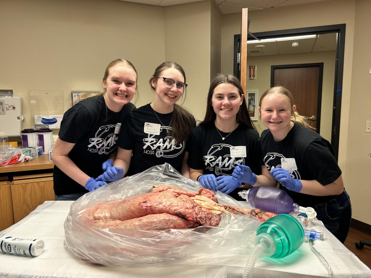 2.23.26
(From L to R) Freshmen Madison Manley, Katie Kotecki, Brynn Lague, and Tori Willis at the intubation station examining cow lungs and how they inflate. 
