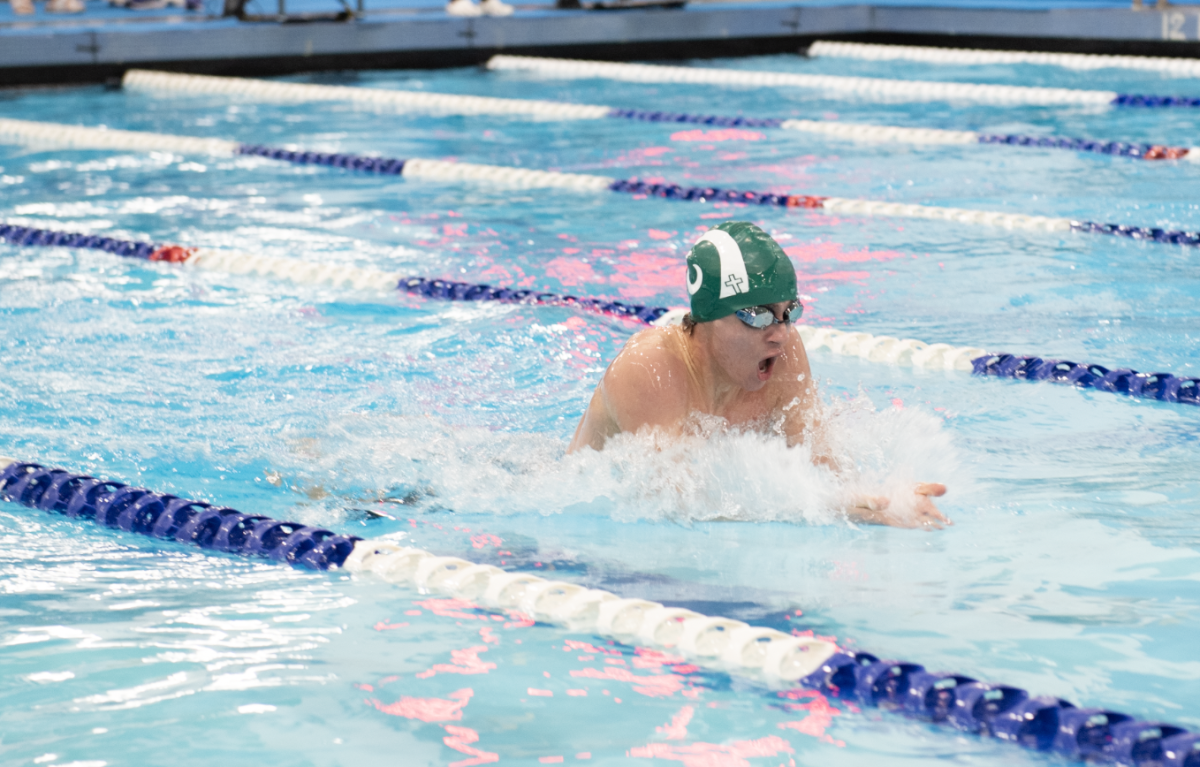2.14.26
Senior Greyson Piseno explodes out of the water doing breaststroke in the Boys 200 Individual Medley Finals. 