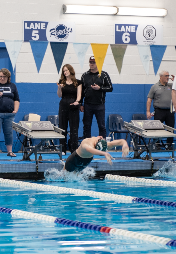 2.14.26 
Sophomore Ethan Shaub launches out of his backstroke start in the Boys 100 Backstroke Finals. 