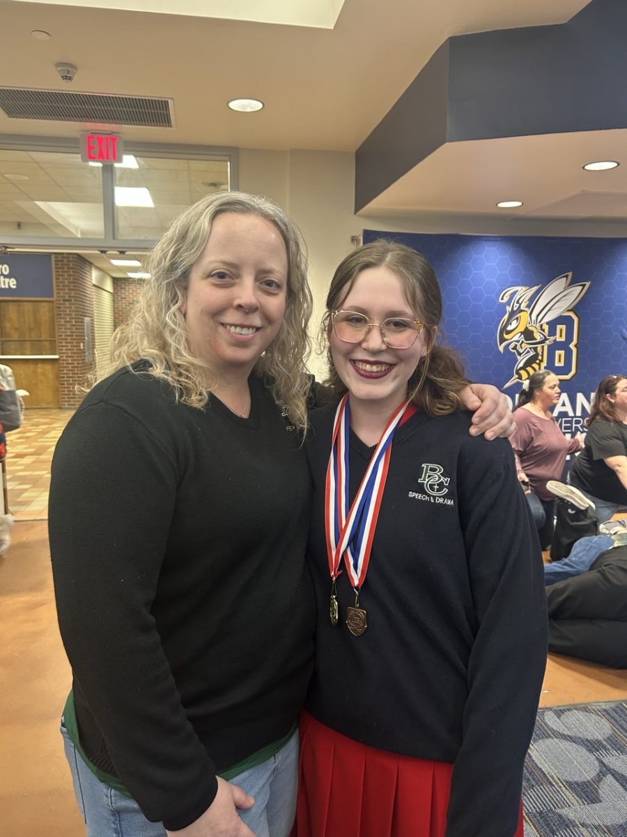 1.24.26
Speech coach Mrs. Danielle Tate and Junior Vivian Hastings take a picture together after a meet. 