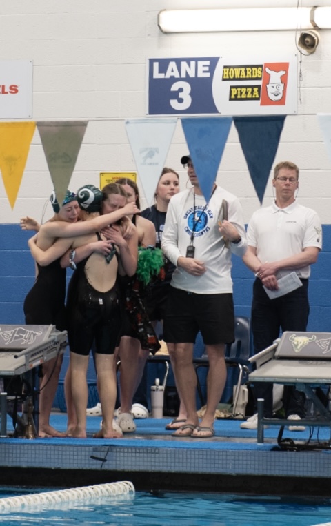 2.14.26 
Billings Central’s Girls 400 Freestyle Relay team celebrates their victory. 